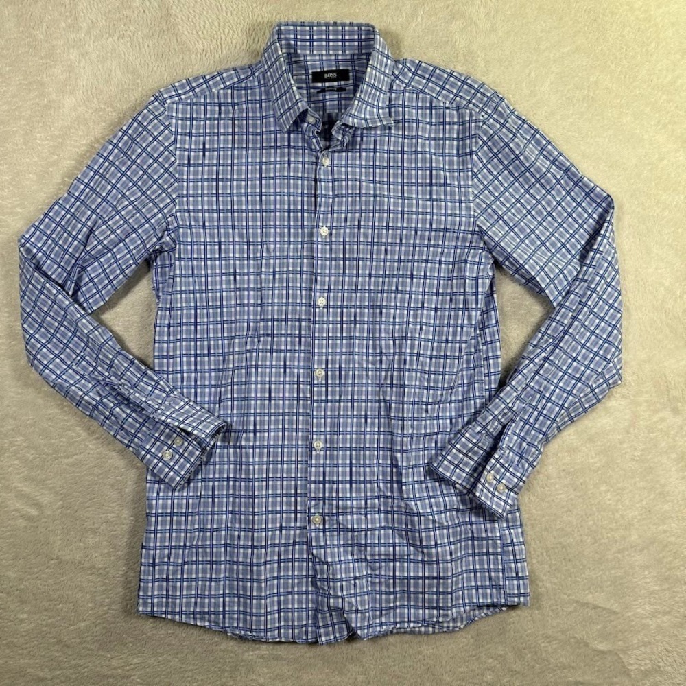Hugo Boss Shirt Mens 15 32/33 Blue Sharp Fit Plaid Button Up L/S Cotton Dress